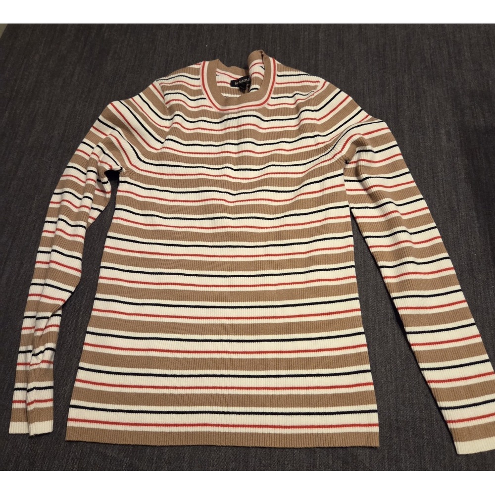 Banana Republic Sweater W Large Tan Striped Ribbed Knit Crew Neck Long Sleeve